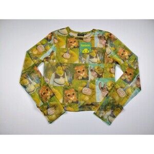 Shrek Mad Engine Dreamworks Blouse Women's XL AOP NWT Crop Mesh Sleeves